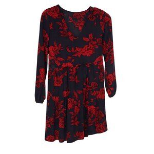 Fancy Inn Elegant Floral V-Neck Dress – Red Flowers on Navy, Size S